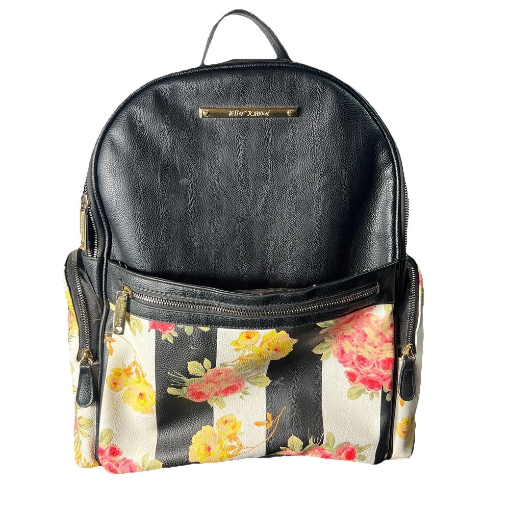 Betsey Johnson Floral Striped Mini Backpack Black White Pink Roses Faux Leather